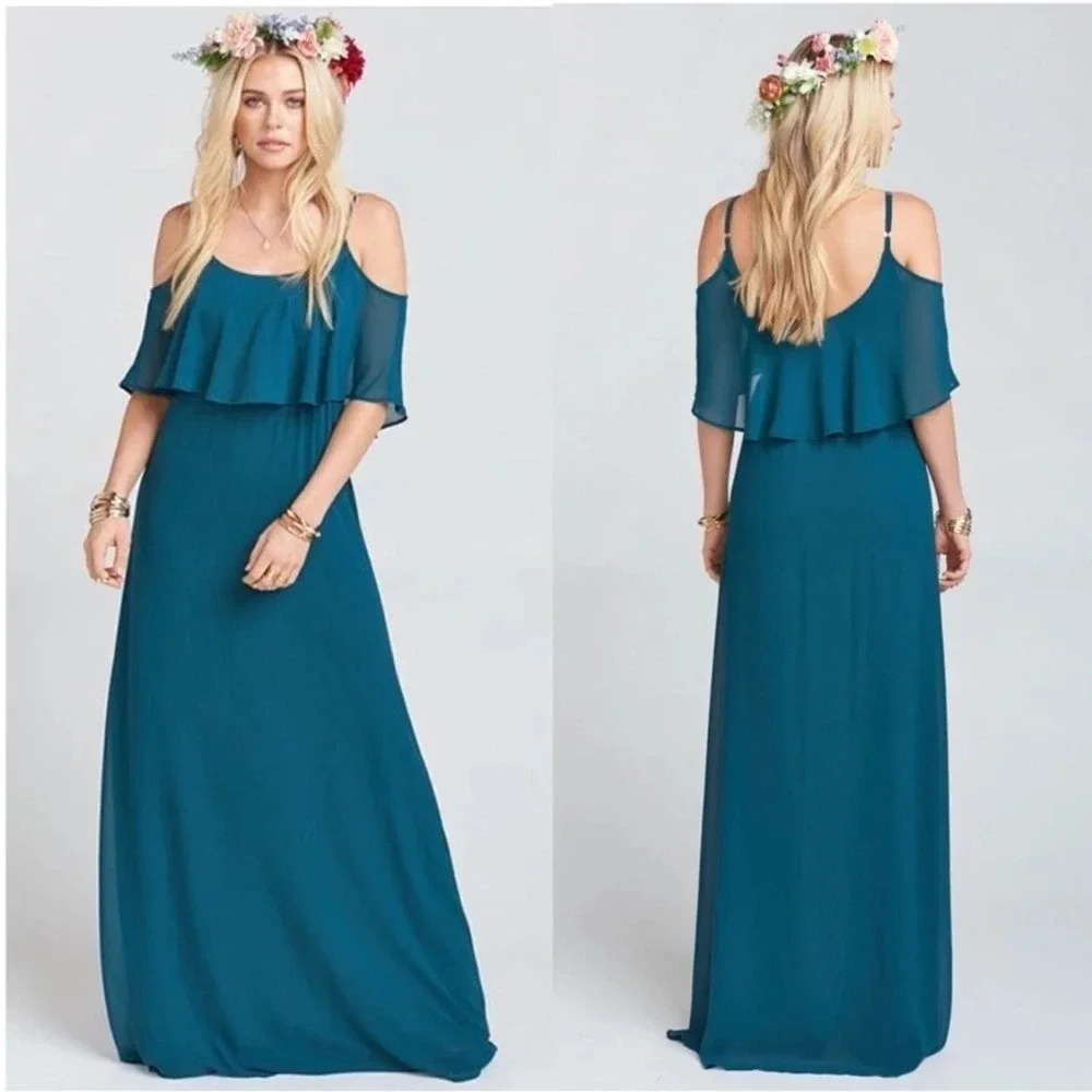Show Me Your MuMu Caitlin Ruffle Maxi Dress Deep Jade Chiffon Women’s Size XXS